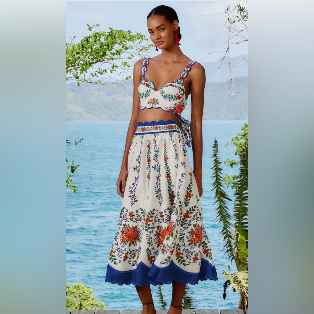 FARM Rio White Midi Skirt with Floral Design